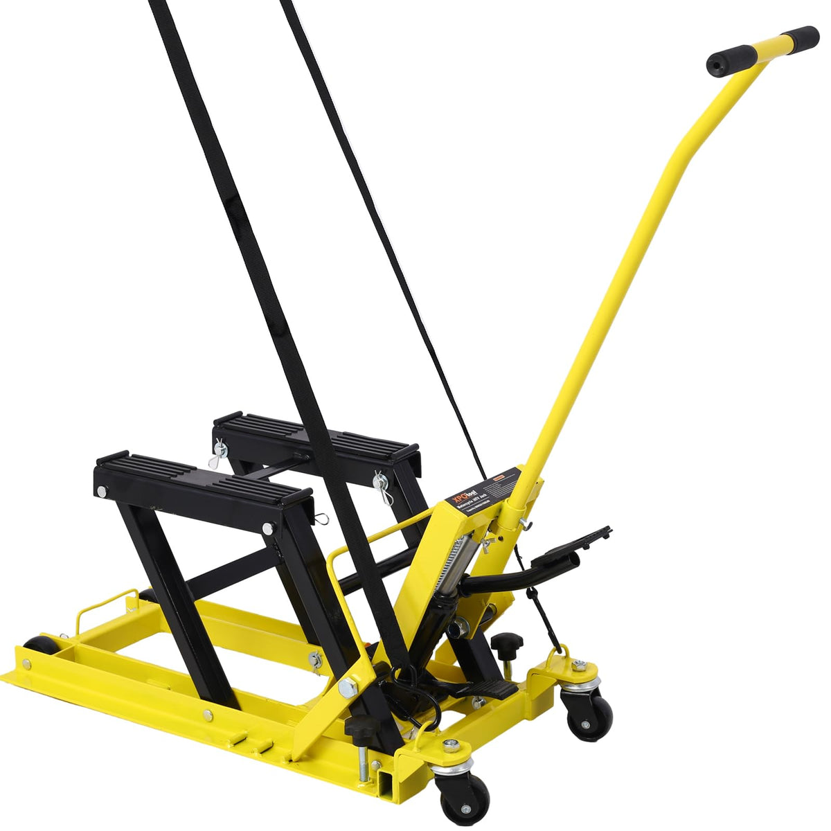 SPOFLYINN Hydraulic Motorcycle Lift Jack Foot-Operated Motorcycle Lift Table with 4 Wheels 1500 LBS Capacity 4.5" - 15" Lifting Range Yellow
