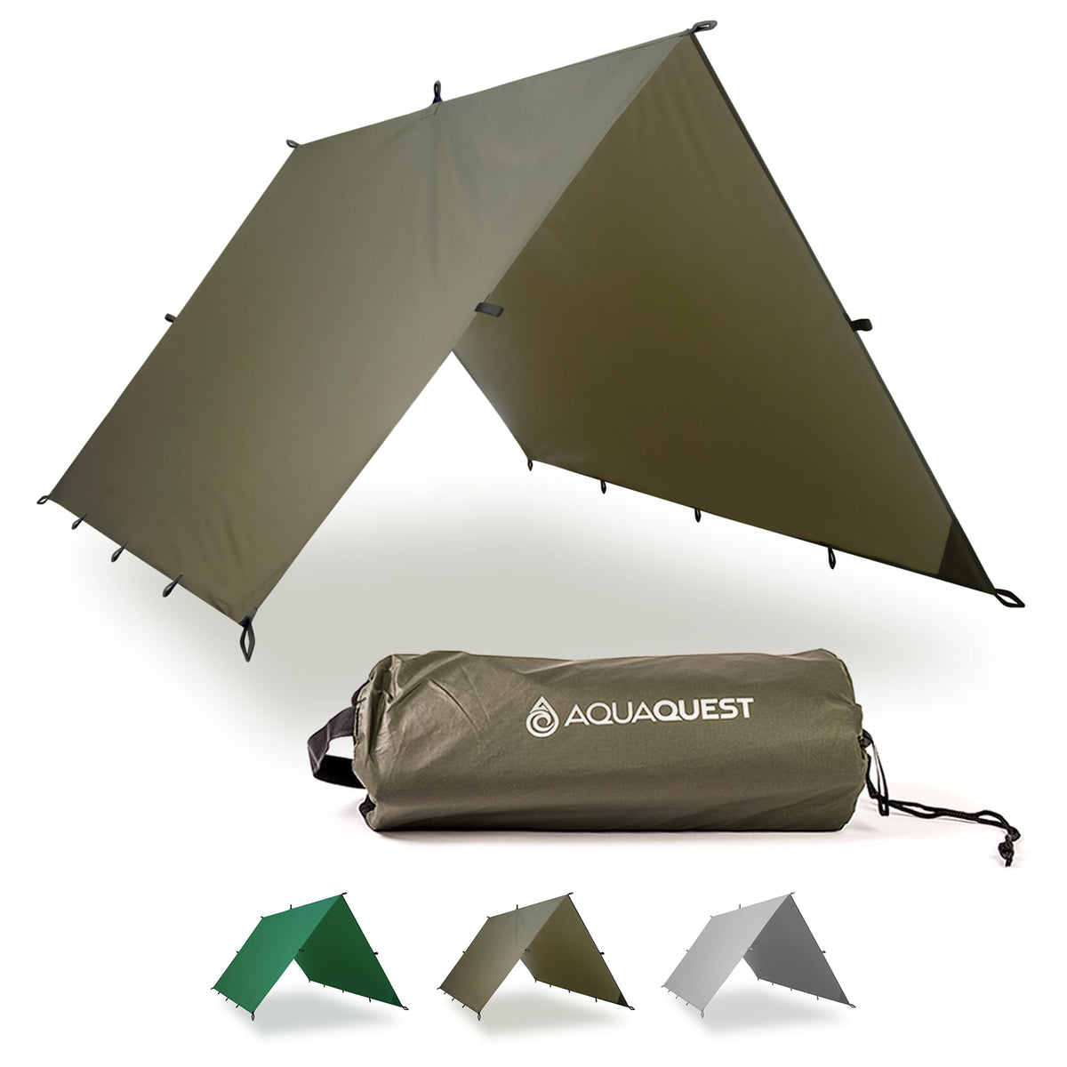 AquaQuest Guide Tarp – Ultralight Waterproof (5,000 mm) Seam‑Taped 40D Ripstop Rain Fly for Backpacking, Stealth Camping & Thru‑Hiking – 13×10 Olive Drab
