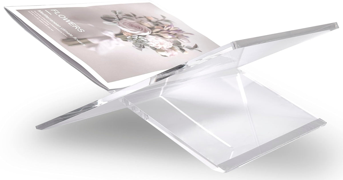 Honygebia Clear Acrylic Book Stands - Cross Frame Acrylic Book Holder, Open Bookstand for Display and Reading, Suitable for Art, Bible, Cookbook, Easel, Magazine, Textbooks 12.5" x 9.5" x 5.5"