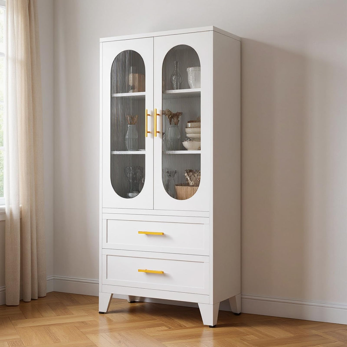 Takywep 73" Tall Pantry Cabinet, White Freestanding Storage Cabinet with Fluted Glass Door, 2 Spacious Drawers & Adjustable Shelves, Slim 14" Deep Organizer for Kitchen, Bathroom, Office, or Hallway