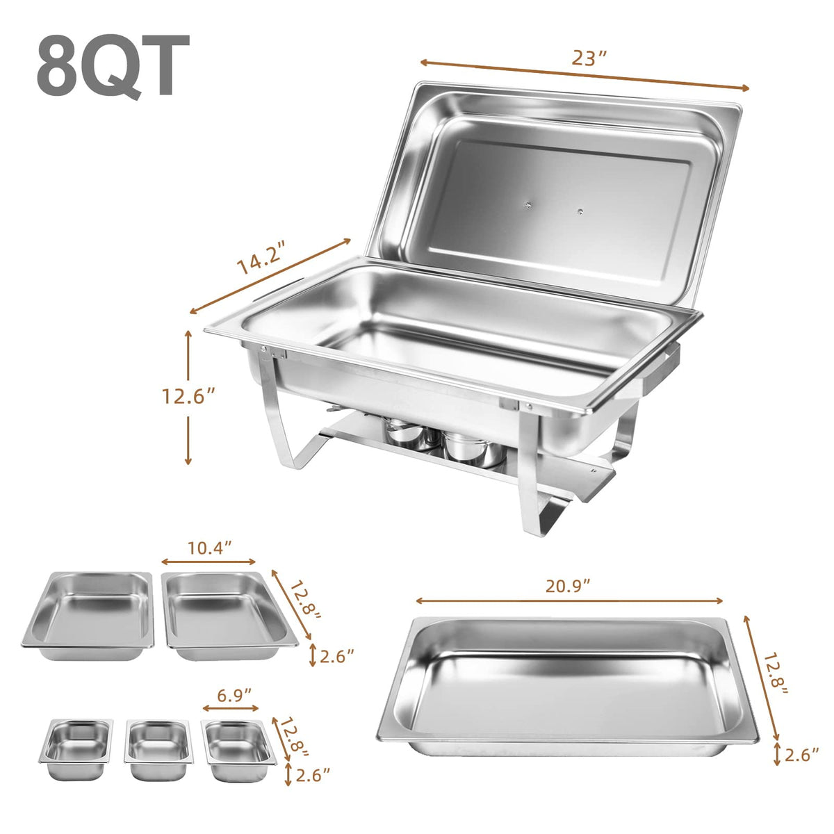 Valgus 4-Pack 8QT Stainless Steel Chafing Dish Buffet Set with 2 Full Size, 2 Half Size, 3 1/3 Size Pans Food Warmers for Parties, Buffets, Wedding, Banquet, Catering Events