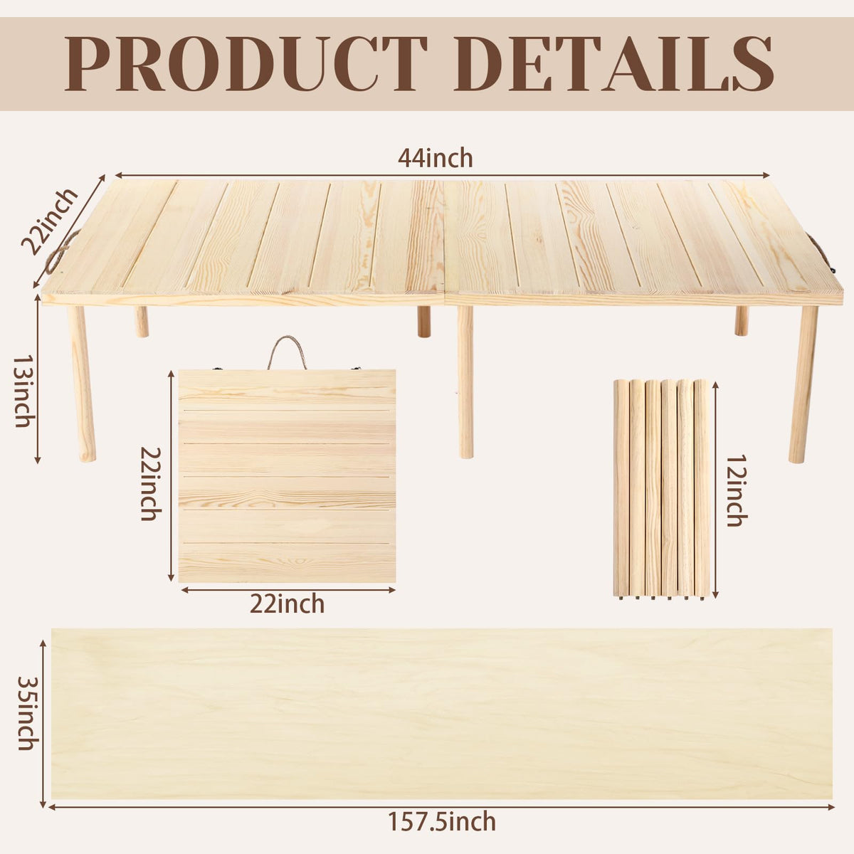 Novabright Boho Picnic Kit 22'' x 44'' Folding Picnic Table 91" x 71" Extra Large Outdoor Boho Blanket with Beige Table Runner and 6 Napkins for Camping Wedding Birthday Baby Shower Party Decor