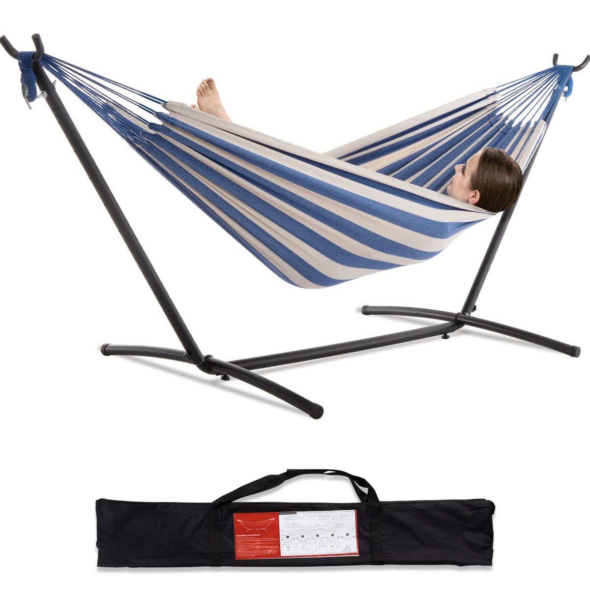 PNAEUT Double Hammocks with Stand for Outside, Portable Space Saving Heavy-Duty Steel Stand for Indoor Outdoor Patio with Carrying Bag, 450 lbs Capacity (Sky)