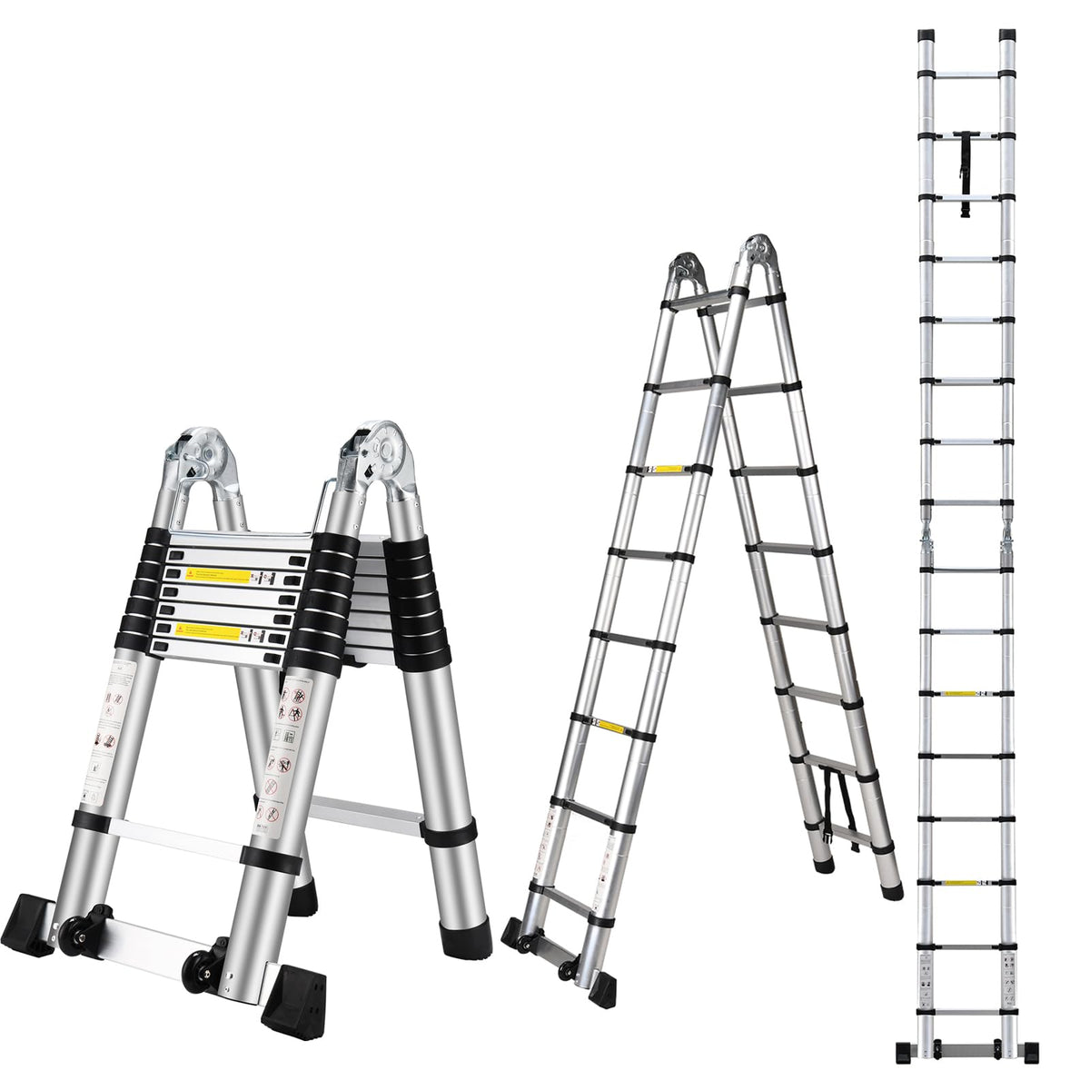 Wolec 16.5 FT A Frame Telescoping Ladder, Adjustable Multi-Purpose Collapsible Extension w/Balance Bar & Wheels, Heavy Duty 330 lbs Max Capacity, Ideal for Home and Outdoor Work, Silver