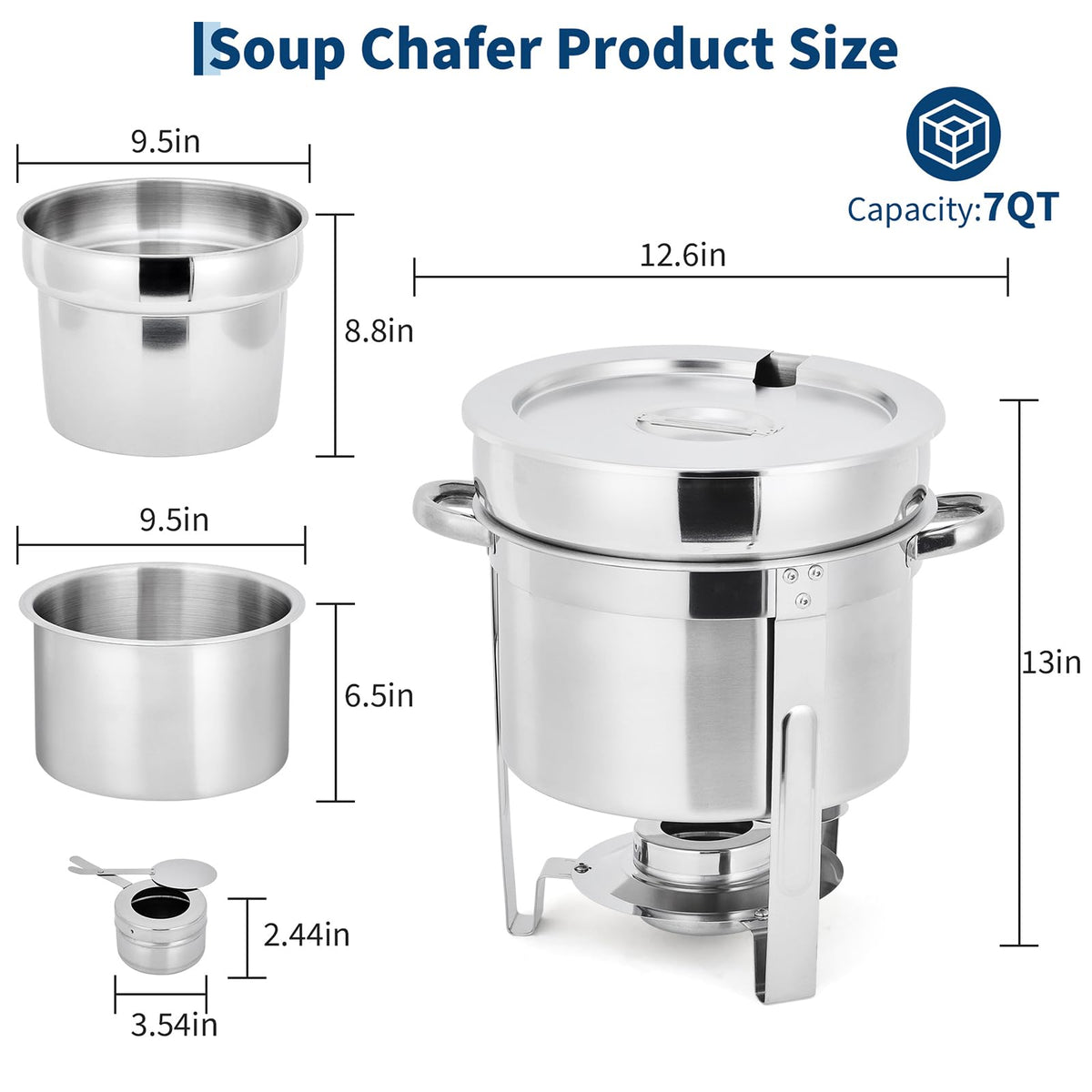 Commercial 7QT Soup Chafer Set, 4 Pack Stainless Steel Round Food Warmers Set with Pot, Notched Lids & Fuel Containers, Soup Warmers Ideal for Buffet Service & Event Catering