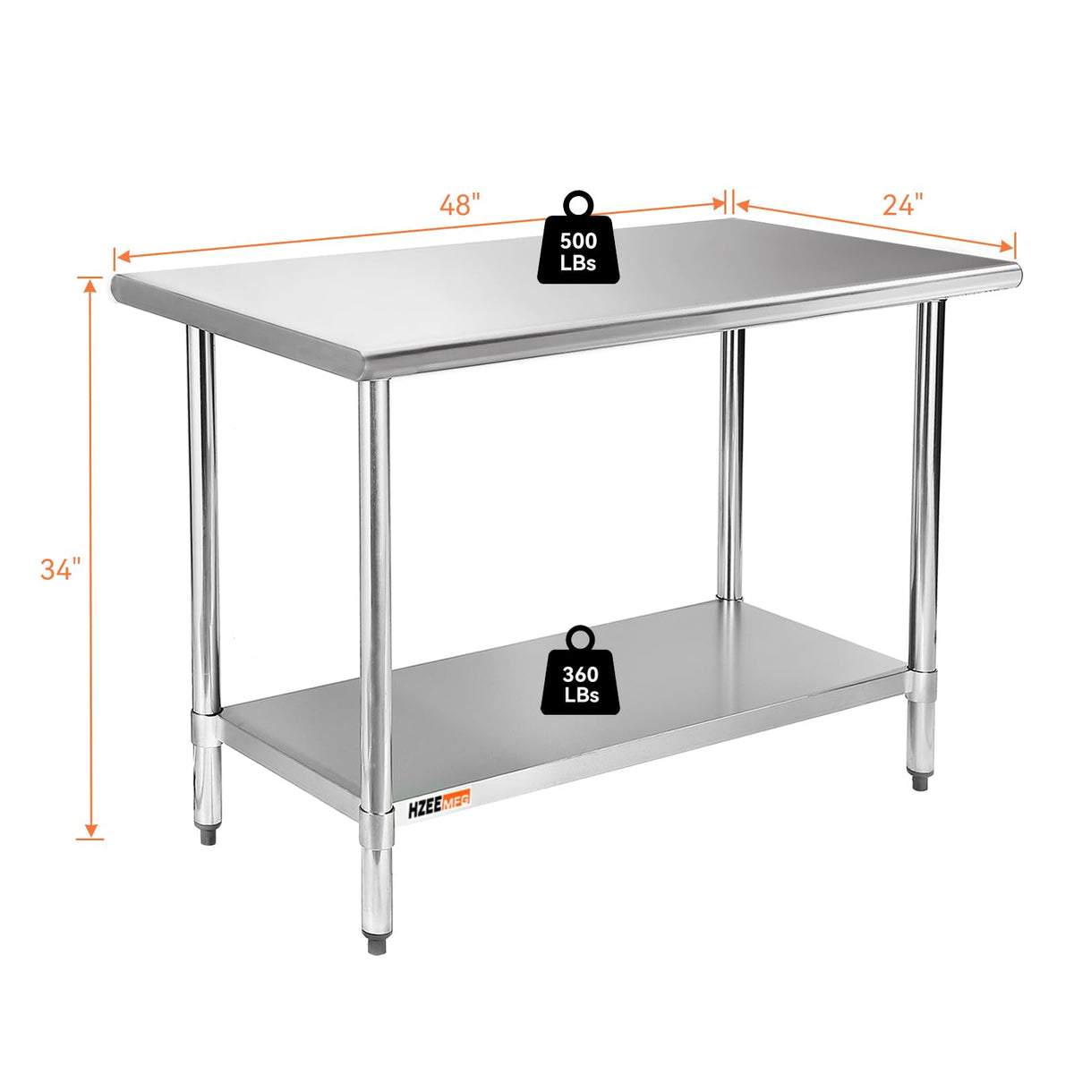 HZEEMFG Stainless Steel Table for Prep & Work 24x48 inches,4ft, Commercial Heavy Duty Table with Undershelf for Restaurant, Home,Hotel Kitchen, Laundry Room, Garage,Workshops
