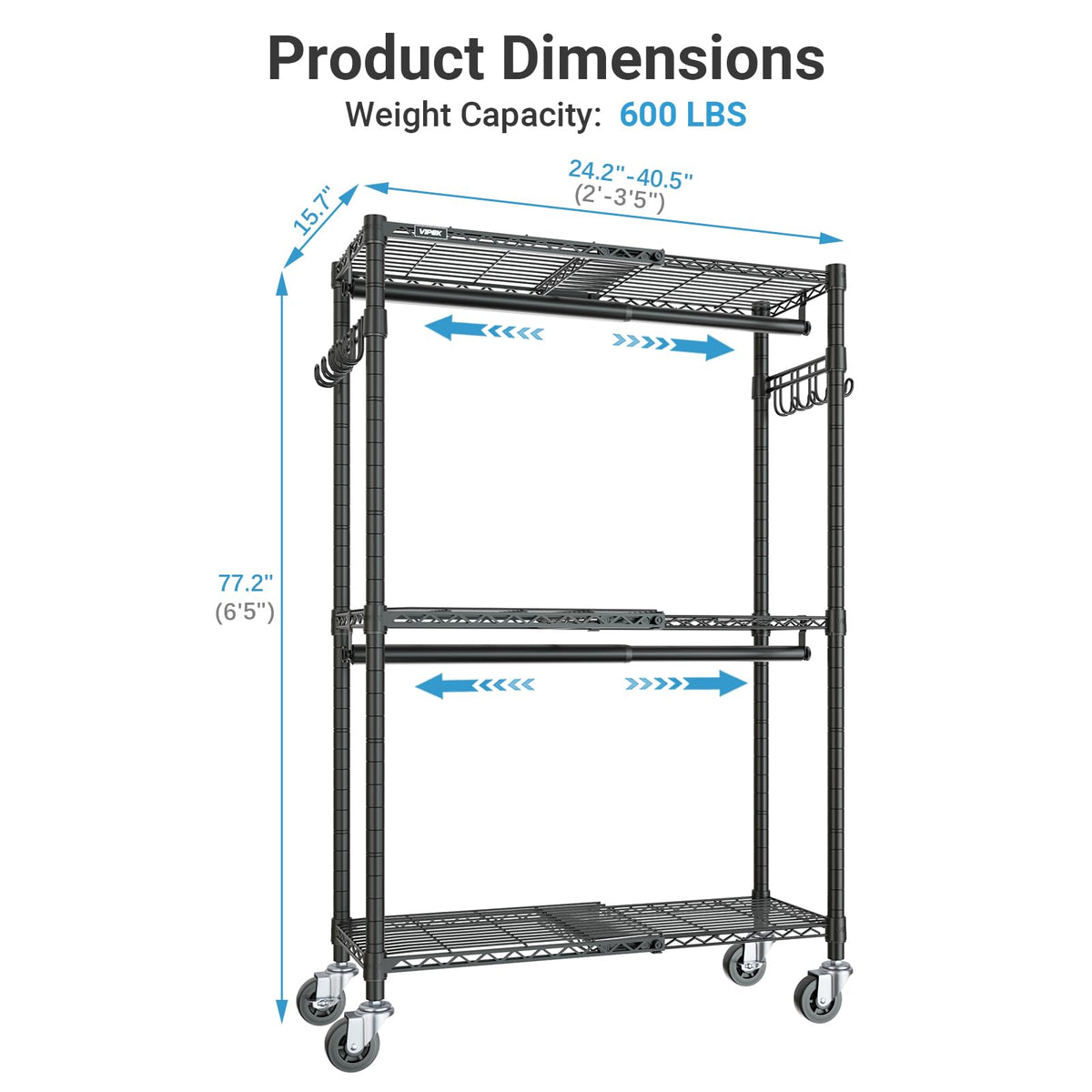 VIPEK R2X Expandable Portable Closet with Lockable Wheels, 600lbs Capacity Heavy Duty Rolling Clothes Rack w/Adjustable Shelves & Hanger Rod (2' to 3'5"), Metal Clothing Rack for Small Spaces (Black)