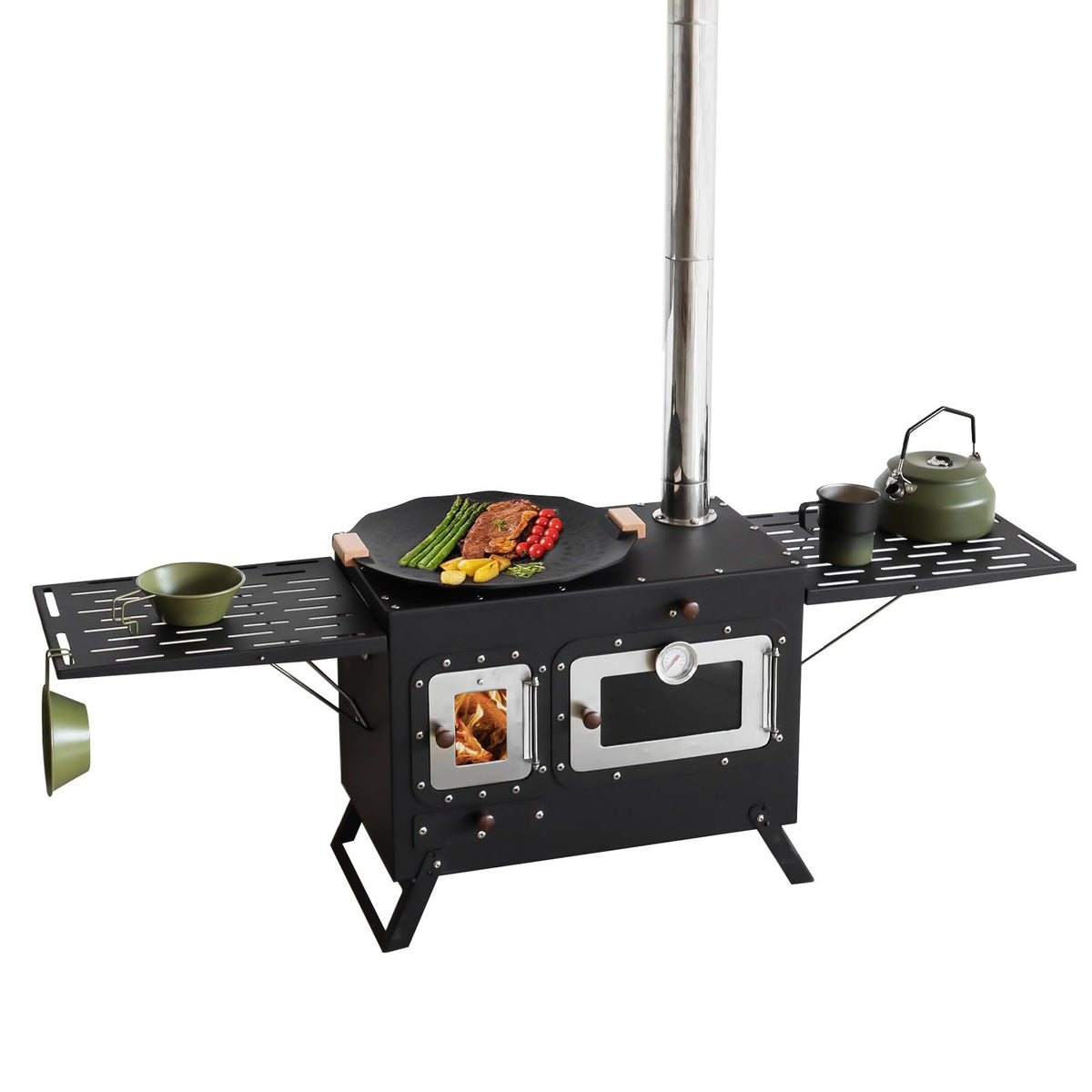 Large Outdoor Camping Cooking Stove with Oven Portable Hot Tent Stove with Pellet Bin Burner Chimney