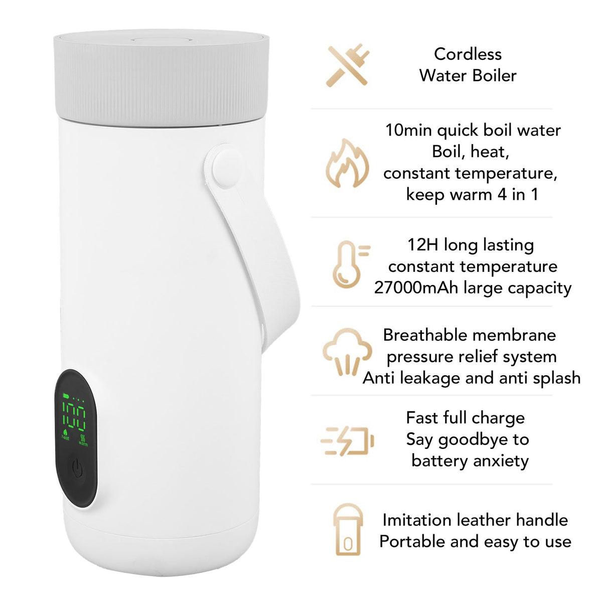 Dpofirs Portable Electric Kettle, 350ML Tea Coffee Hot Water Boiler, 27000mAh USB Rechargeable, Fast Boiling, Temperature Controls, for Camping Travel (US Plug)