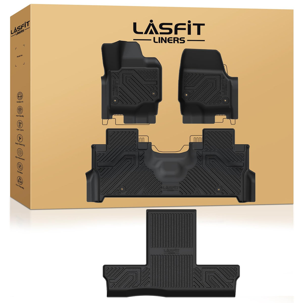 LASFIT Floor Mats for 2025 2026 2027 Ford Expedition 7 Seats Max(Not Fit 8 Seats Standard), All Weather Protector TPE Easy Clean Car Floor Liner, 1st & 2nd & 3rd Row, 4pcs Black