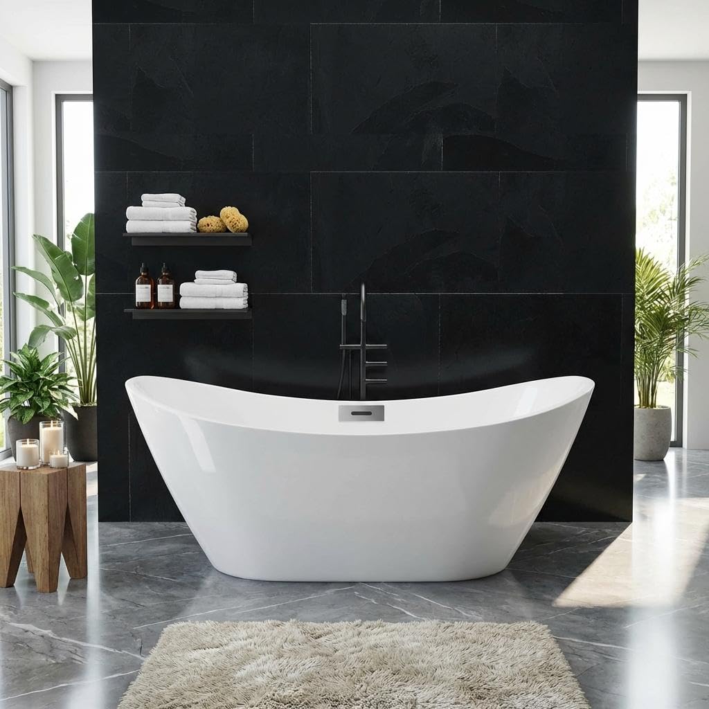 67" Acrylic Freestanding Bathtub, Contemporary Double-Walled Insulated Soaking Tub with Anti-Clog Drain & Overflow, cUPC Certified Heavy-Duty Resin Reinforcement, White