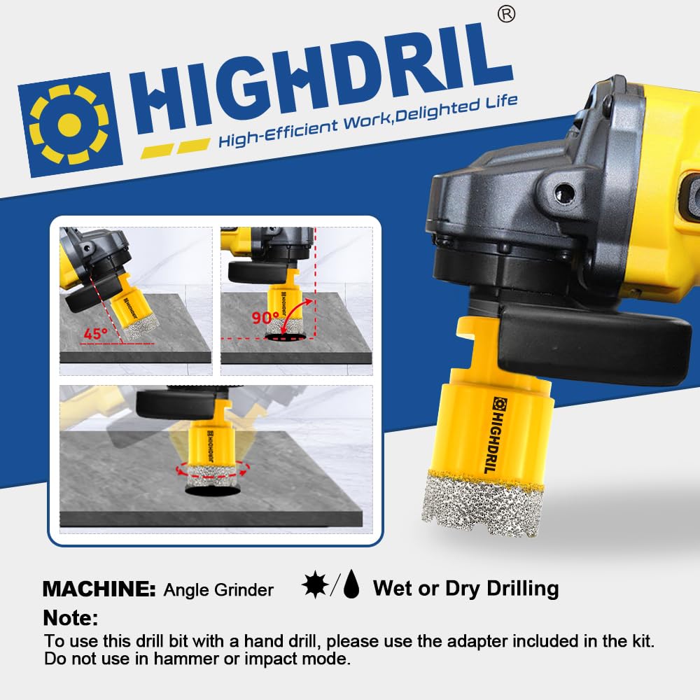 HIGHDRIL Diamond Drill Bits Kit with 5/8-11 for Porcelain Tile Ceramic Marble Brick Concrete Vacuum Brazed Hole Saw(6/8/10/20/35/50/65/100mm+50mm Chamfer Bit+20mm Finger Bit+Adapter)