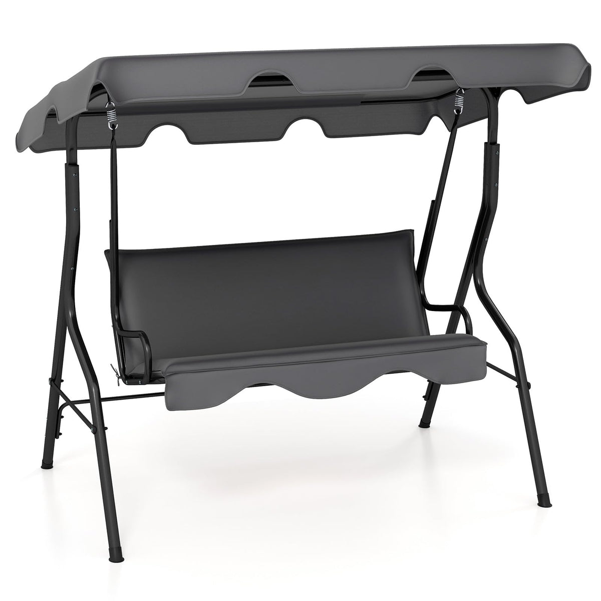 HAPPYGRILL 3-Person Patio Swing Chair, Outdoor Swing Glider with Adjustable Canopy and Removable Cushion, Porch Swing with Stand for Garden and Backyard, (Grey)