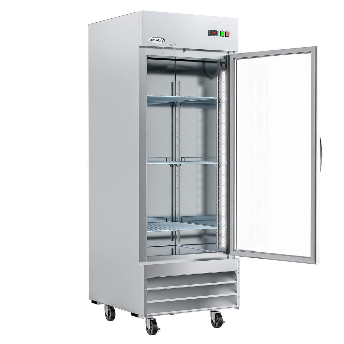 KoolMore Commercial Stainless-Steel Upright Freezer with Reach-In Self-Close Glass Door, 3 Storage Shelves, Heavy-Duty Caster Wheels, Frost-Free Temperature Control - 23 Cu.Ft [Silver] (RIF-1D-GD)