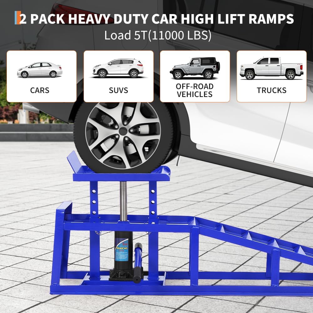 5 Ton Hydraulic Car Ramps, 2 Pack Heavy Duty Adjustable Lift Ramps with Safety Lock, Low Profile Steel Service Ramp, 11000 Lbs Capacity, 11.6"–16.2" Height for Car, Truck, SUV, Garage - Blue