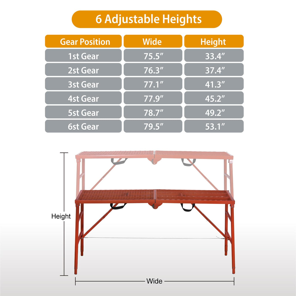 LEADALLWAY Scaffolding Platform 770 Lbs Capacity 70(L) x15(W) x33(H) Folding Adjustable Portable Work Platform Ladder,Red