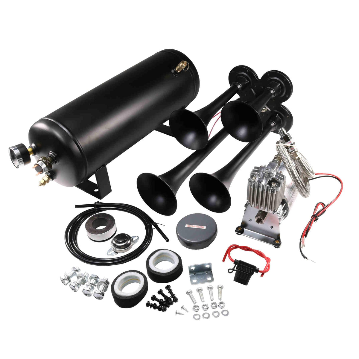 12V 4 Trumpets Train Horn Kit 150psi Complete Onboard System 150psi Air Compressor 1.5 Gallon Air Tank 4 Trumpets Fits Any Vehicle Truck Car Semi Pickup Replacement for Jeep RV SUV Super Loud dB
