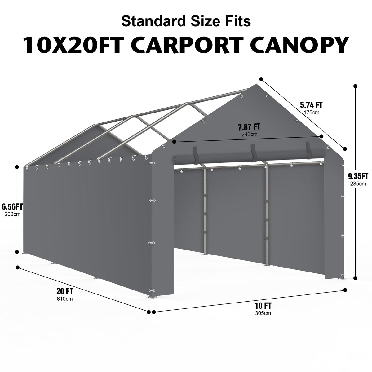 Carport Replacement Canopy Cover Sidewalls for 10x20x9.35FT Frame, Heavy Duty Garage Car Tent Shelter Tarp with Ball Bungees, Waterproof & UV Protected (Frame is not Included) (Grey)