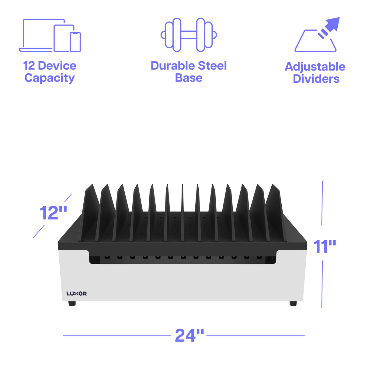 Line Leader 12-Device Open Charging Station | Compact Desktop Charger for Laptops, Tablets, & Chromebooks | Space-Saving Design with Adjustable Dividers & UL Safety-Certified Power Strip