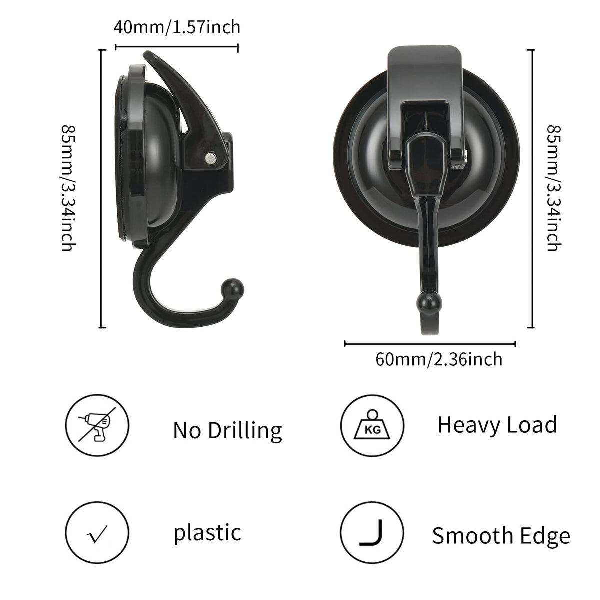 Khdrvok Heavy Duty Vacuum Wreath Cup Hook, No Hole Punched, Black-Plated Polished Super Suction for Kitchen, Bathroom and Restroom, ABS Plastic and TPU Rubber, 2 Pack