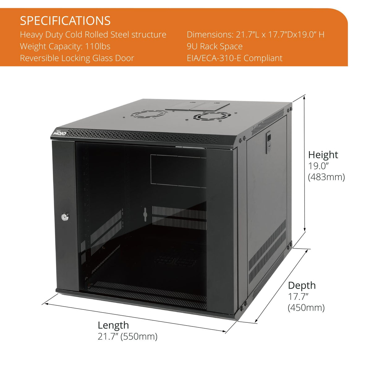 Tecmojo 9U Wall Mount Server Cabinet IT Network Rack Enclosure Lockable Door and Side Panels Black,Cooling Fan, Glass Door, 17.7inch Depth,for 19” IT Equipment, A/V Devices
