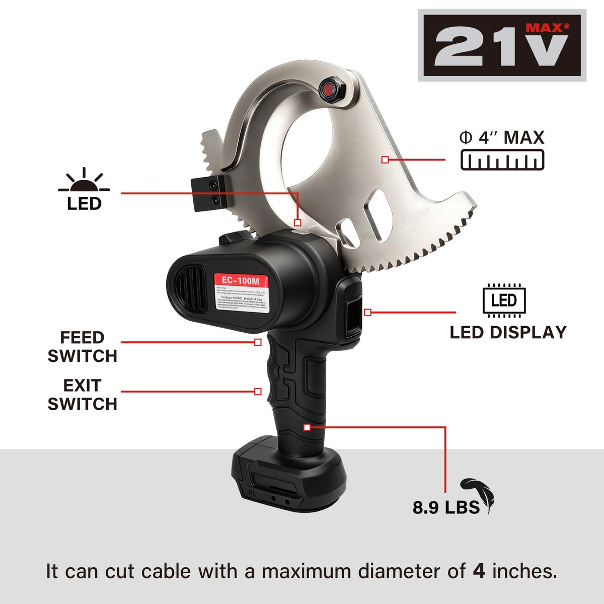 4” Battery Ratcheting Cable Cutters 21V 10lbs Cordless Electric Portable Heavy Duty Cable Cutting for Diameter Communications, Armored, Lead Sheath, Copper, Aluminum Cables