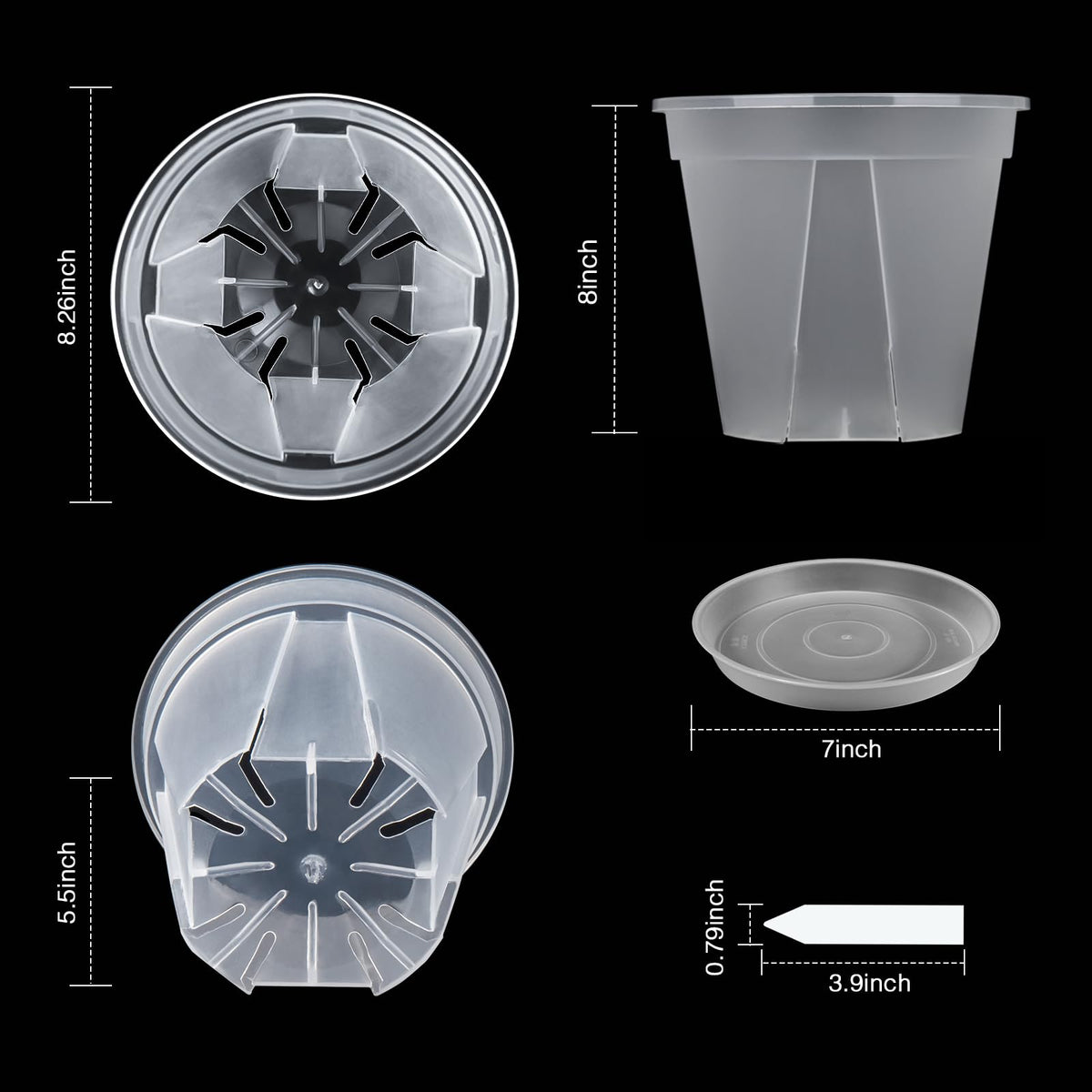 GREENPARA 8-inch Transparent Plastic Garden Pots Planter with Saucer Plant Pot Nursery Pots Drainage Hole for House Plants, Herb, Flowers, and Cactus with Plant Labels, 3-Set
