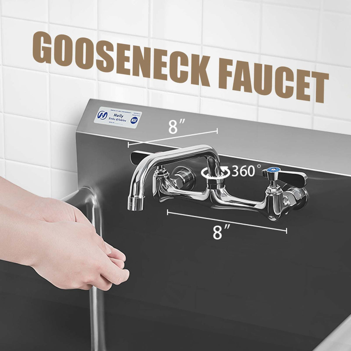 HALLY Commercial Stainless Steel Sink 1 Compartment NSF Prep & Utility Sink with 8" Faucet 24" L x 24" W x 12" D Bowl for Bar, Restaurant, Kitchen, Hotel and Home