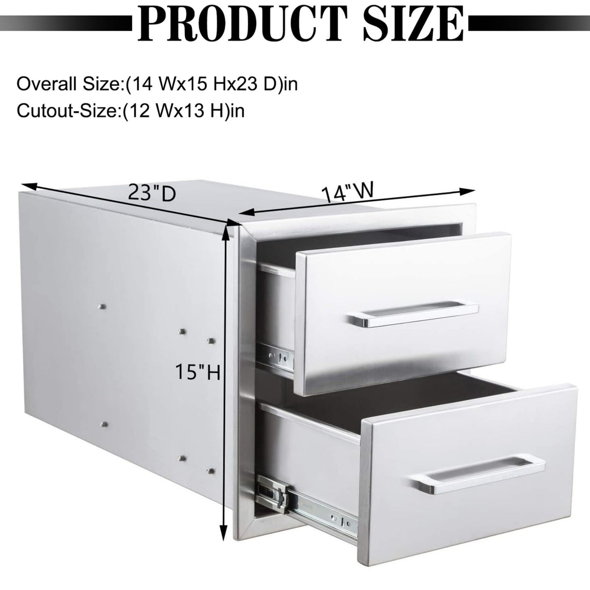 ZHAIUPON Outdoor Kitchen Access Drawers, 14" W15"H23"D Stainless Steel Double BBQ Drawers with Handle,Enclosed Built-in Flush Mount Drawers for Outdoor Kitchen Grilling,BBQ Island
