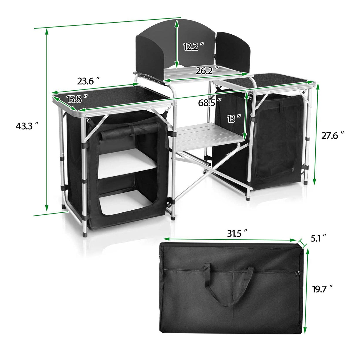 CampLand Folding Camping Kitchen Table with Windscreen,Portable Outdoor Cooking Station with Storage Cabinet & Side Tables Heavy Duty Camp Cook Station for Camping & BBQ (Black2cabinet)