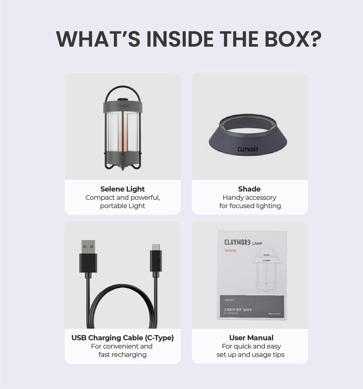 Claymore Selene Lamp (Dark Gray) - Without Pouch Aesthetic Portable Outdoor Lantern for Camping, Events, Parties & Tents. Power Bank Function, 55 Hours of Battery Life