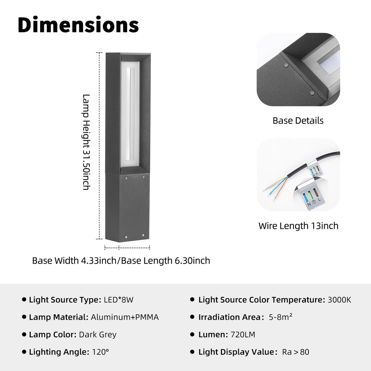 PAKEDANDUN Outdoor Path Light, 31.5" Pathway Walkway Lights Hard Wired, Waterproof Landscape LED Bollard Lighting Yard Lawn Lamp 3000K Ground Lantern Outside for Garden Sidewalk Patio Decoration