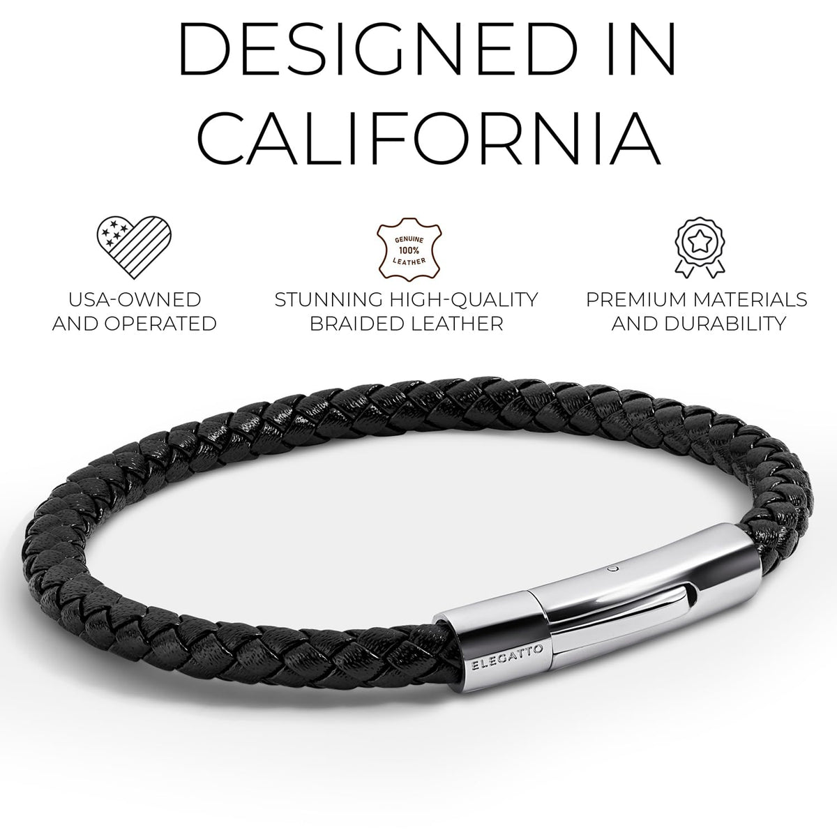 Elegatto Elagio Premium Braided Leather Bracelet for Men | Full-Grain Braided Leather with Sterling Silver Polished Stainless Steel Clasp | Men’s Designer Bracelets | Large