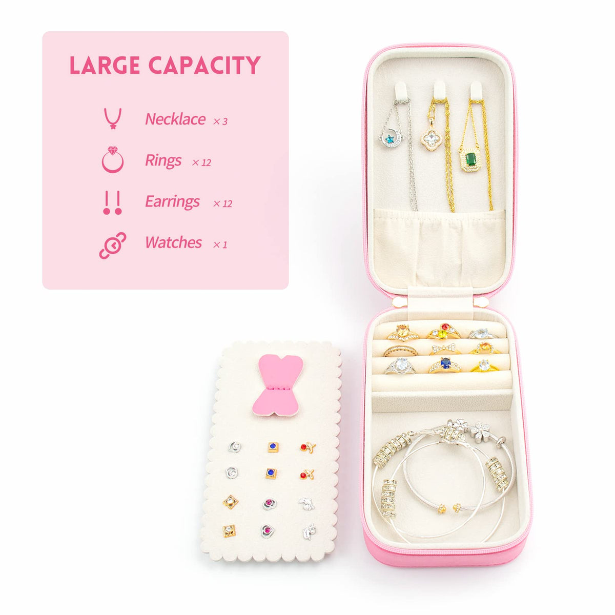 Small Travel Jewelry Organizers Box for women with PU Leather Portable Mini Jewelry Case with compartments for Necklace Rings Earrings,Luxury Giftable boxes. (Pink, M)