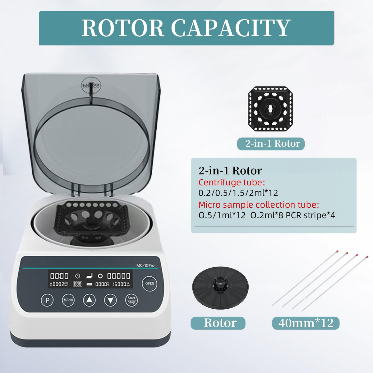 LABHOUSE Lab Digital 10000RPM Micro Centrifuge | 2 Rotors for 0.2/0.5/1.5/2ml & (40mm,Φ1.5mm Glass Tubes)*12 Tube | High Speed Mini Centrifuge Max.6708 xg