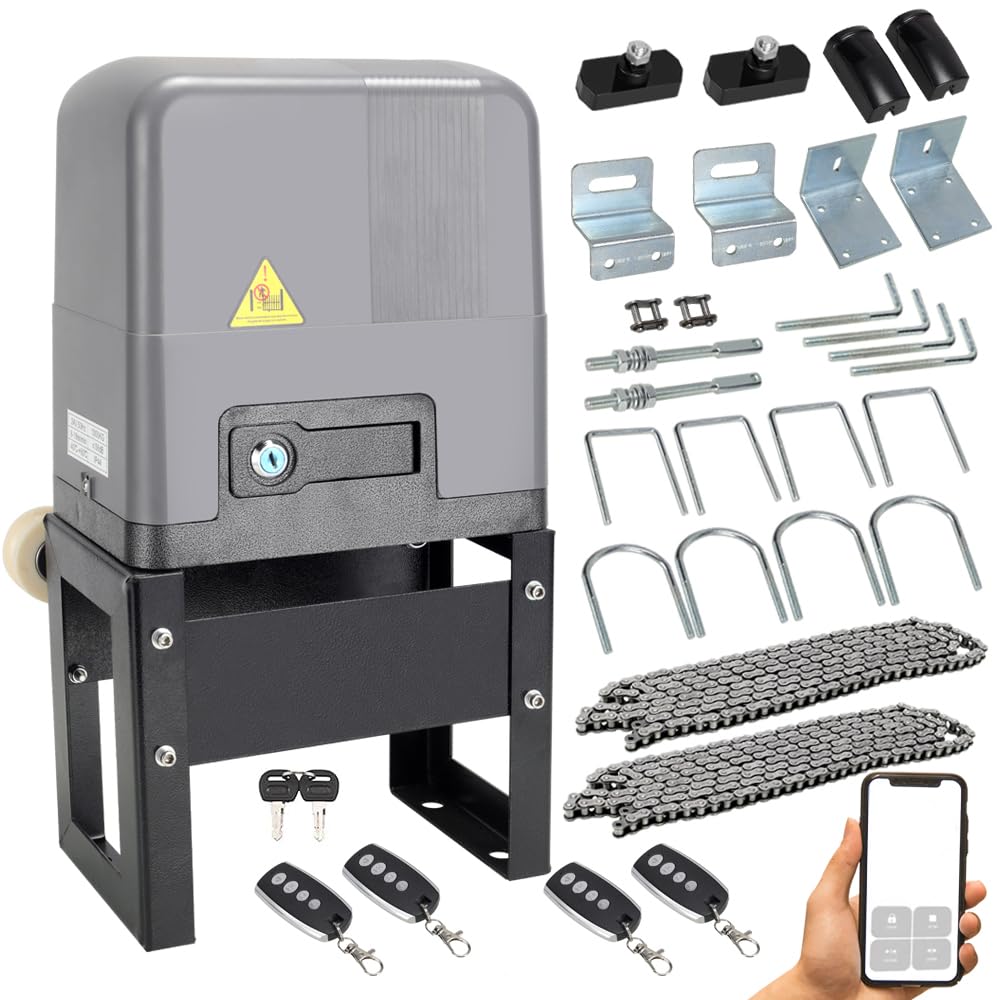 Sliding Gate Opener with WiFi App Control & 4 Remotes, Automatic Electric Gate Motor Complete Kit for Driveway Slide Gates Up to 1800lbs, Chain Driven Security System with Infrared Sensor, Auto Close