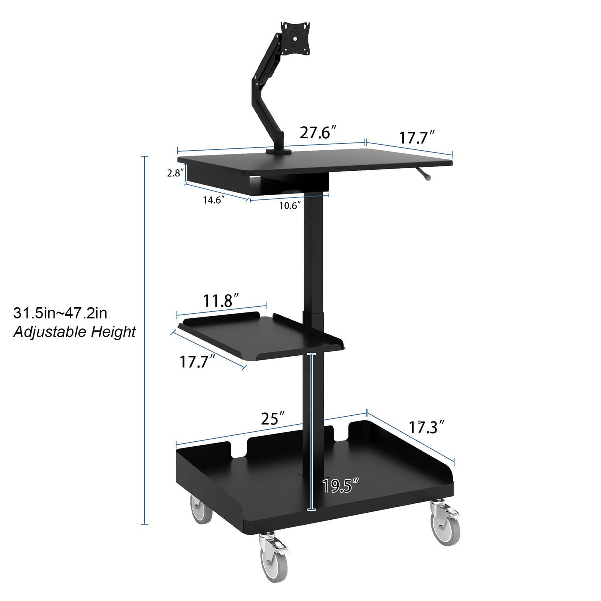 Natwind Mobile Workstation Cart with Monitor Mount,Height Adjustable Rolling Computer Cart, Heavy-Duty Rolling Standing Desk with CPU Holder for Home Office, School,Warehouse, Medical（Black）