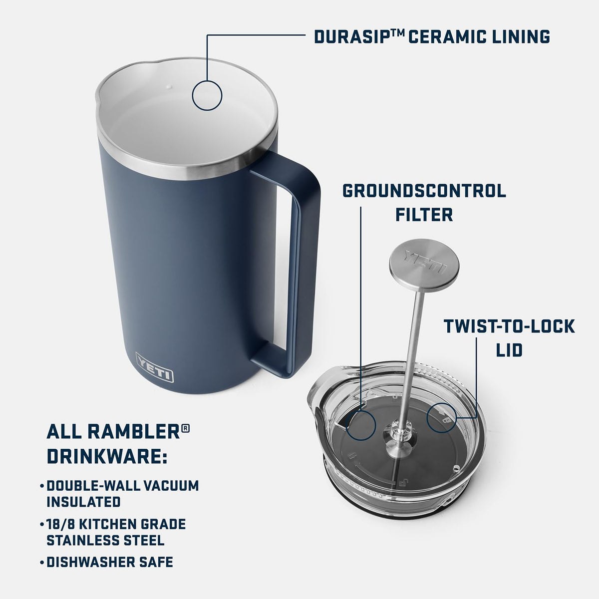 YETI Rambler 64 oz. French Press Coffee Maker, Navy