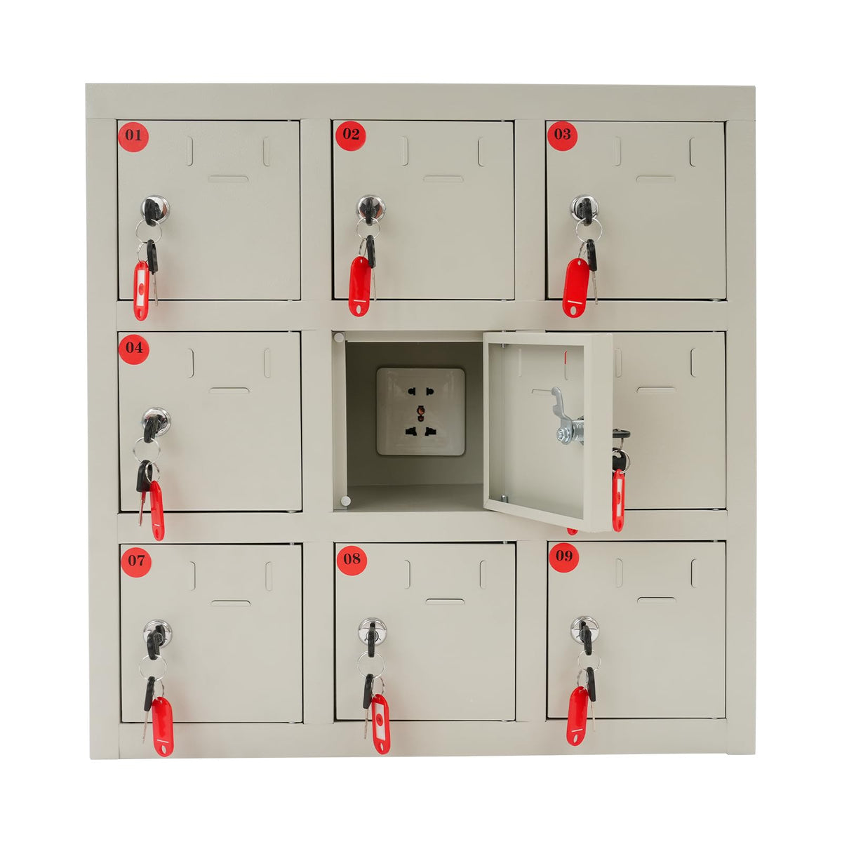 QUEWATSA 9 Slots Cell Phone Locker, Cell Mobile Phone Steel Locker, Cell Phone Locker with Charging Station, Rechargeable Mobile Phone Storage Cabinet with Individual Charging Outlets