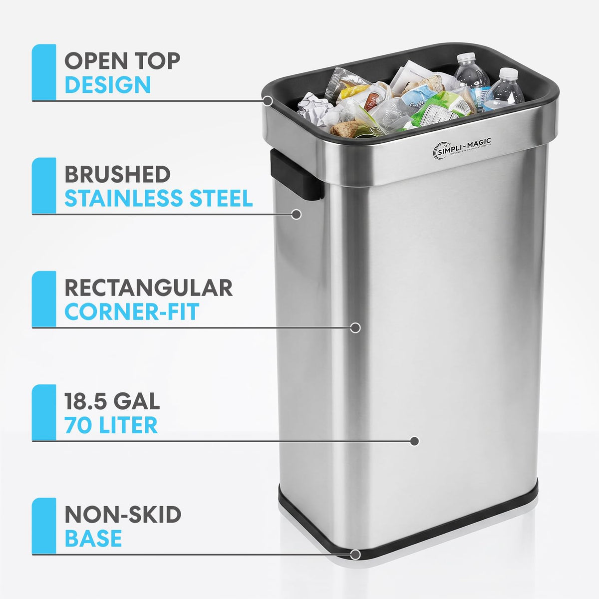 Simpli-Magic 18.5 Gallon (70L) Open Top Trash Can – Rectangular Commercial Trash Can – Smudge-Resistant, Easy to Clean, Non-Skid Base, Brushed Stainless Steel