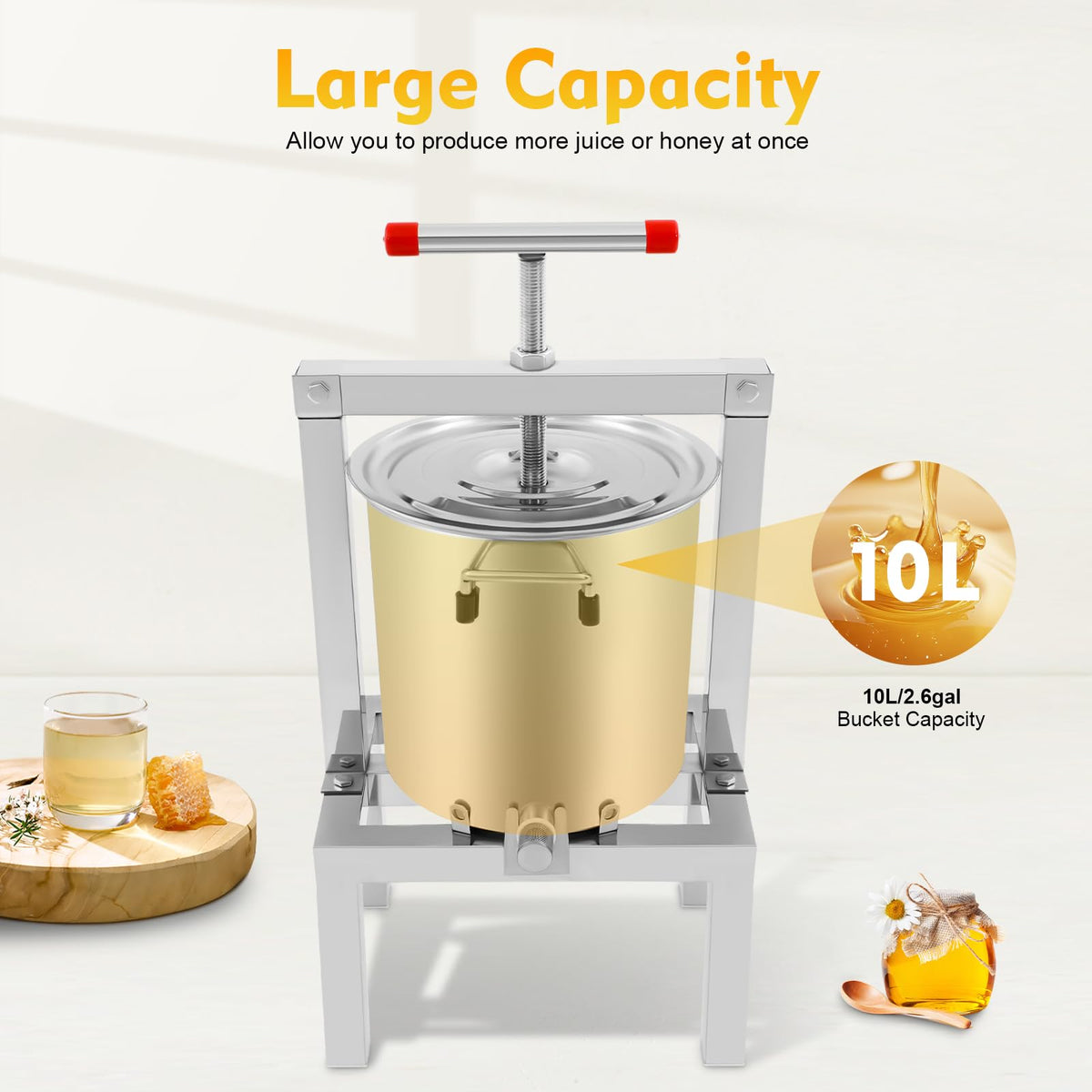 10L/2.6Gal Fruit Wine Press, DIY Large Manual Juice Press Maker Beeswax Extractor with T-Handle, Stainless Steel Cider, Grape, Apple Press Machine for Wine and Juice Making