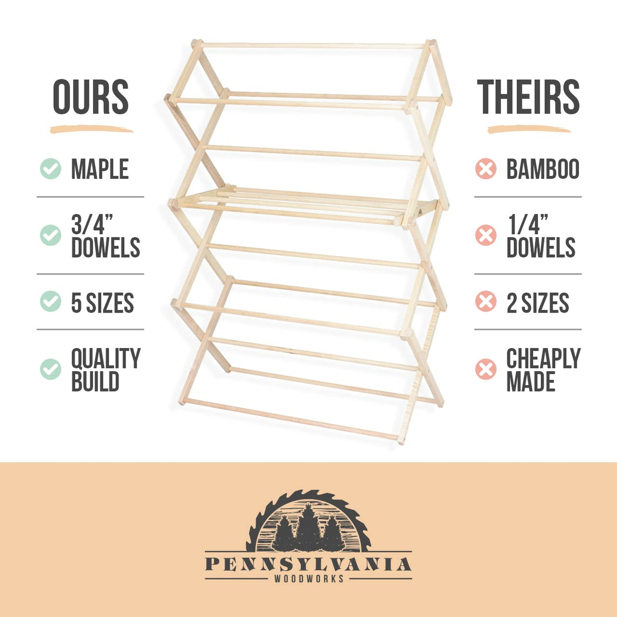 Pennsylvania Woodworks Clothes Drying Rack: Solid Maple Hard Wood Laundry Rack for Blankets, Towels, Bedding & More, Heavy Duty Folding Drying Rack, Made in USA, No Assembly Needed, XXLarge