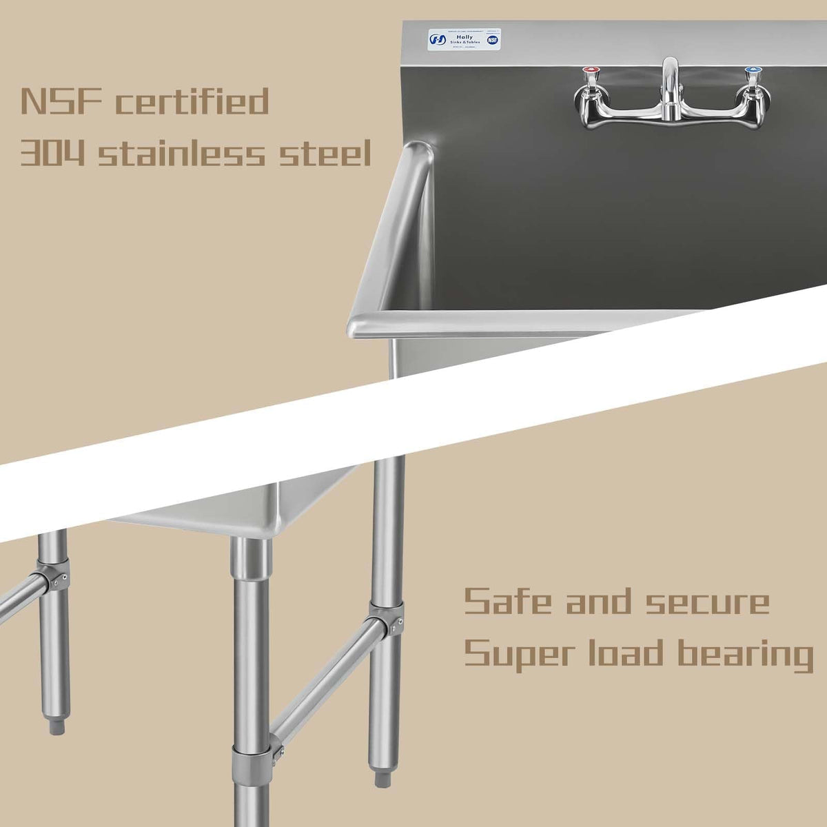 HALLY Commercial Stainless Steel Sink 1 Compartment NSF Prep & Utility Sink with 8" Faucet 24" L x 24" W x 12" D Bowl for Bar, Restaurant, Kitchen, Hotel and Home