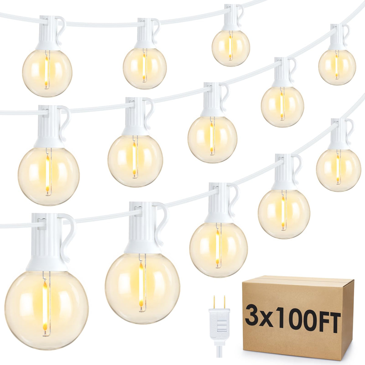 Mlambert 300Ft(3x100Ft) LED Outdoor String Lights Dimmable Waterproof G40 Globe Patio Lights with 150+7 Warm White Bulbs for Bistro Outside-White Cord