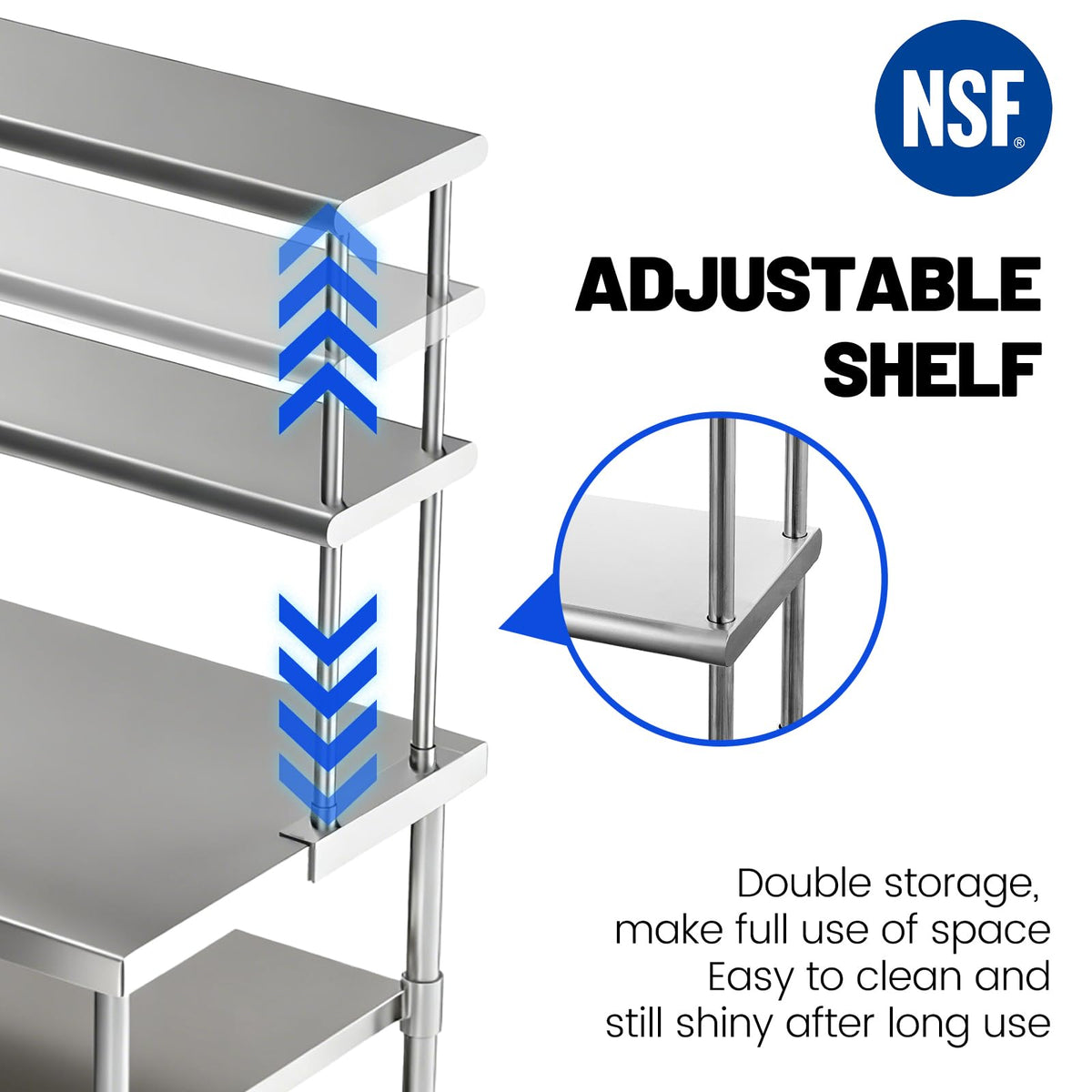 Hally Double Overshelf of Stainless Steel 12'' x 72'' Weight Capacity 420lb, Commercial 2 Tier Shelf for Prep & Work Table in Restaurant, Home or Kitchen