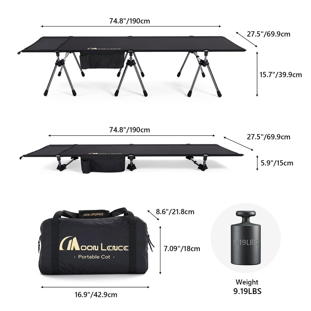MOON LENCE Camping Cot, Height Adjustable with Cot Leg Extenders, Strong Support 330lbs, Ultra Lightweight Comfortable Folding Bed for Adult Camping, Hiking, Travel, Truck, Beach, Office Nap