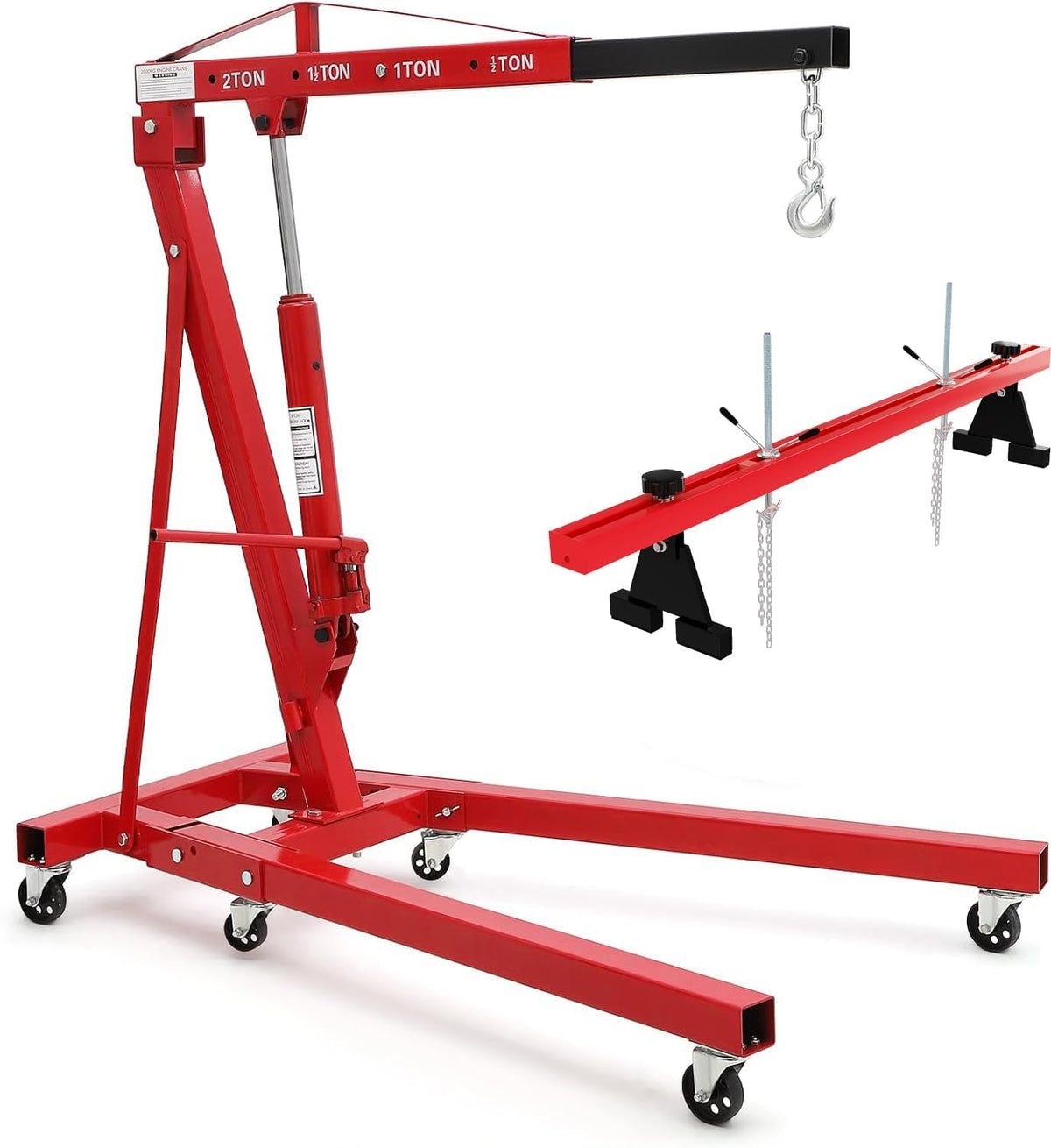 DEXSO Engine Hoist and Engine Support Bar Combo, 2 Ton Folding Hydraulic Engine Crane, 4400 LBS Cherry Picker, 1100 LBS 2 Point Lift Holder Hoist Dual Hooks, Red