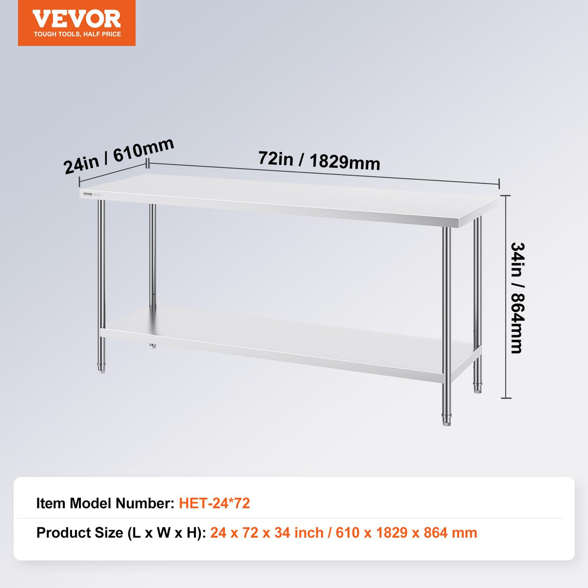 VEVOR Stainless Steel Prep Table, 24 x 72 x 34 Inch, 880 lbs Load Capacity, Heavy Duty Metal Worktable with 3 Adjustable Height Levels, Commercial Workstation for Kitchen Garage Restaurant Backyard