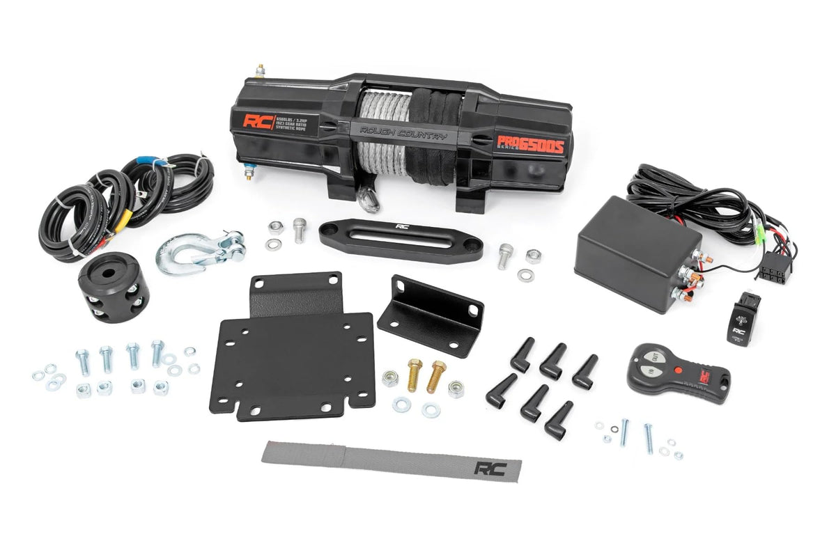 Rough Country Winch Mount with RS6500S Winch for Honda Pioneer 1000/1000-5 - Bolt-on Mounting Plate with 6500 LB Synthetic Rope Winch