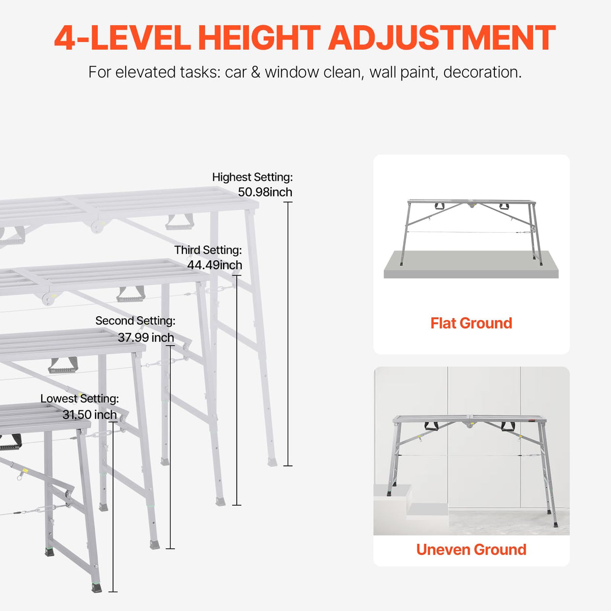 VEVOR Work Platform, 63"x 15" Portable Scaffolding Platform, Folding Steel Step Ladder Adjustable Height 31.5”-50.1”, 800 lbs Load Capacity, Non-Slip Drywall Painting Stool for Cleaning &Washing